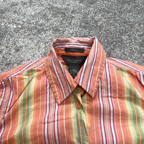 Van Heusen Button Up Blouse Shirt Womens Small Pink Orange Striped Collared Top - Picture 3 of 9